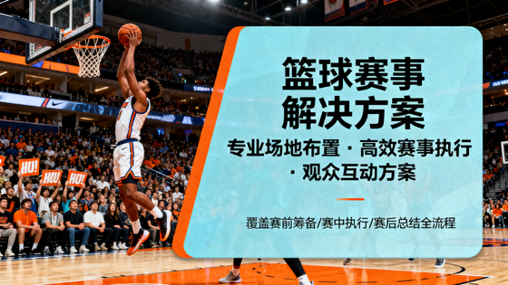 篮球比赛现场球员上篮与观众席画面，对应篮球赛事解决方案卡片