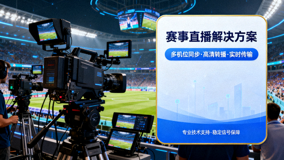 体育赛事直播现场摄像机与转播画面，对应赛事直播解决方案卡片