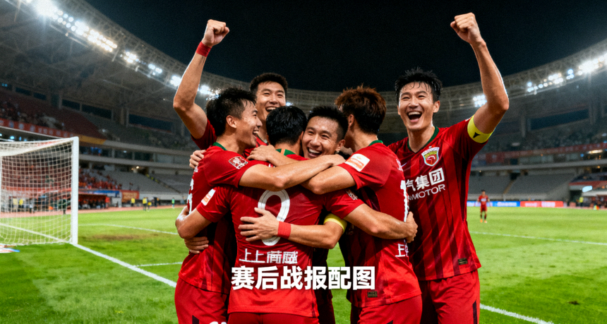 足球比赛现场主队球员庆祝进球的画面，对应赛后战报文章配图